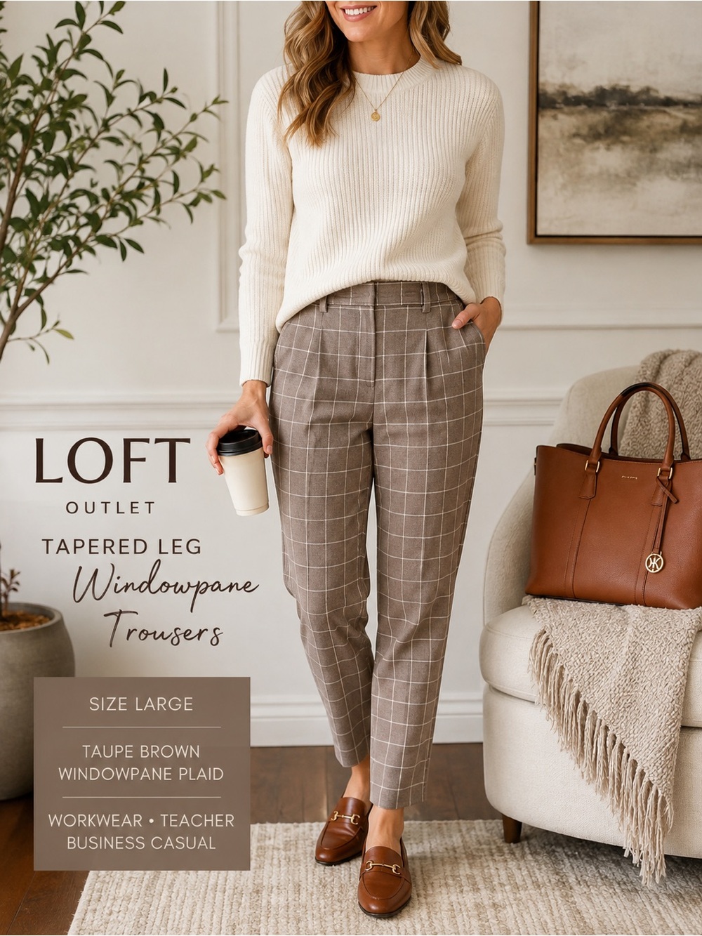 LOFT Taupe Brown Windowpane Cropped Tapered Trousers